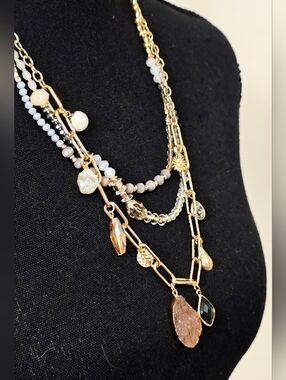 Gold Layered Statement Necklace Druzy Charm Beaded Chunky Boho
